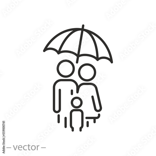 family insurance icon, safety parents with child, people under an umbrella, thin line symbol - editable stroke vector illustration