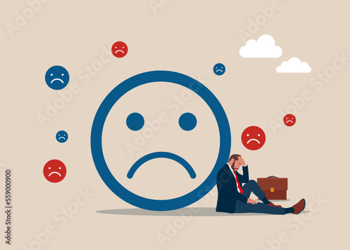 Young man or businessman sitting stressed. Burnout from tiring work or demotivation from failure. Flat vector illustration