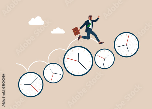 Businessman running on group of time clocks. Manage time for rush. Flat vector illustration
