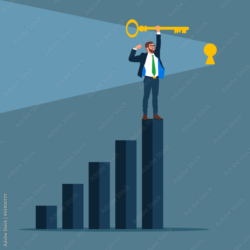 Obraz premium Businessman climb the stairs to put a key in its place as an problem solution. Modern flat vector illustration.