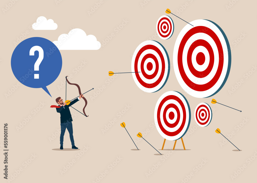 Businessman with bow and arrow look at multiple targets. Cannot decide which target to shoot at. Flat vector illustration.