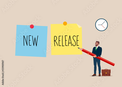 New release text words inscription on sticker. Flat vector illustration.