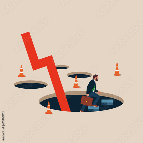 Businessman climb up ladder from deep hole. Business to survive, economic recession. Flat modern vector illustration.