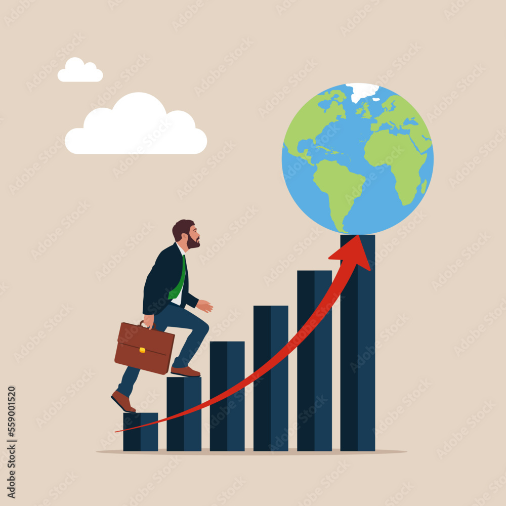 Fototapeta premium Businessman climbs the stair to achieve world success. Modern flat vector illustration.