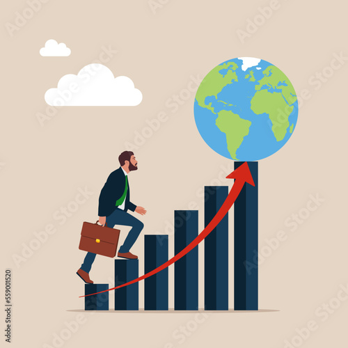 Businessman climbs the stair to achieve world success. Modern flat vector illustration.