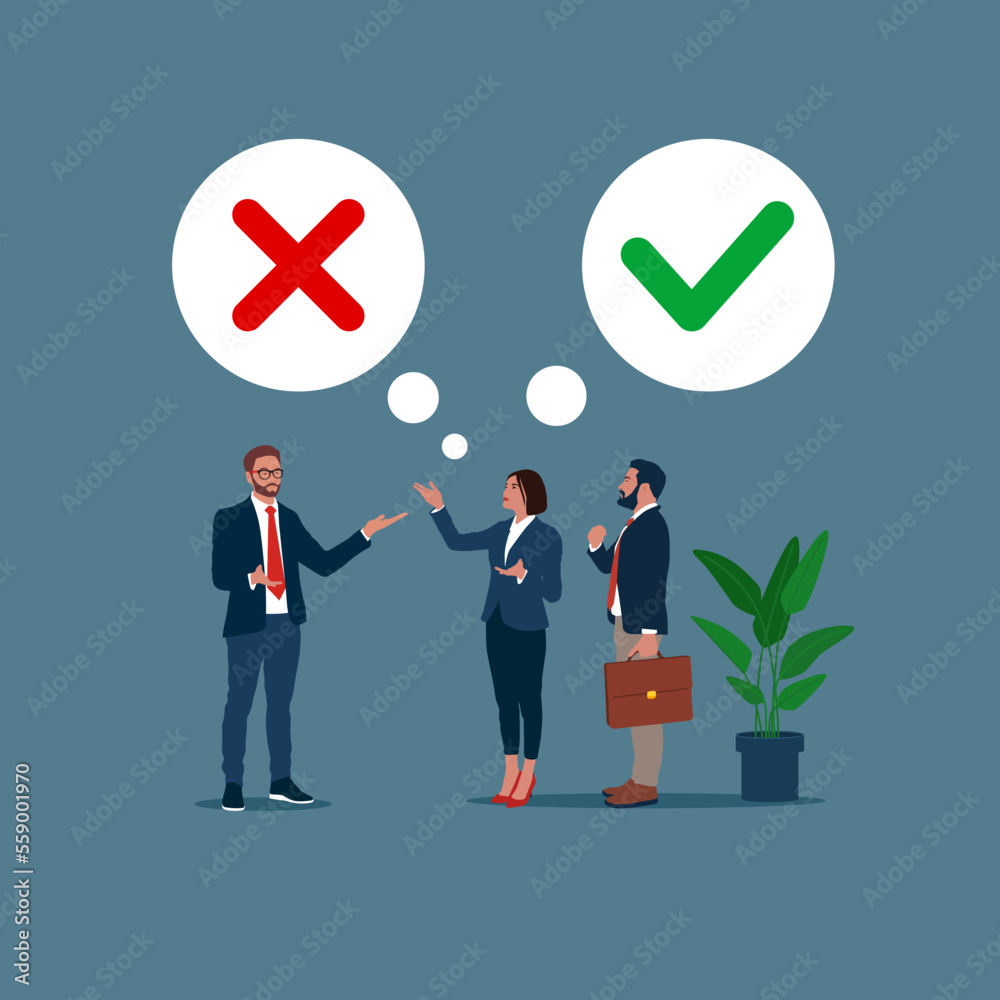 Thinking business team with speech bubbles choosing option between yes and no. Choice, problem and decision concept. Flat vector illustration. Thinking business team with speech bubbles choosing option between yes and no. Choice, problem and decision concept. Flat vector illustration.