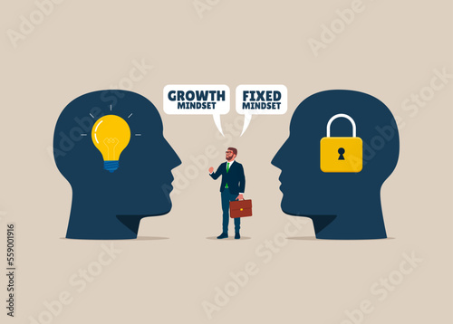 Businessman stood in the middle of two thoughts. Comparison between fixed mindset vs growth mindset. Modern flat vector illustration.