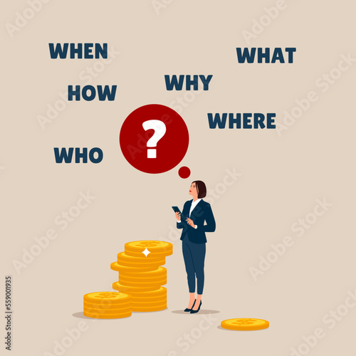 Businesswoman thinking of who what where when why and how. 5w1h asking questions for solution to solve problem, business analysis to new idea. Flat vector illustration.