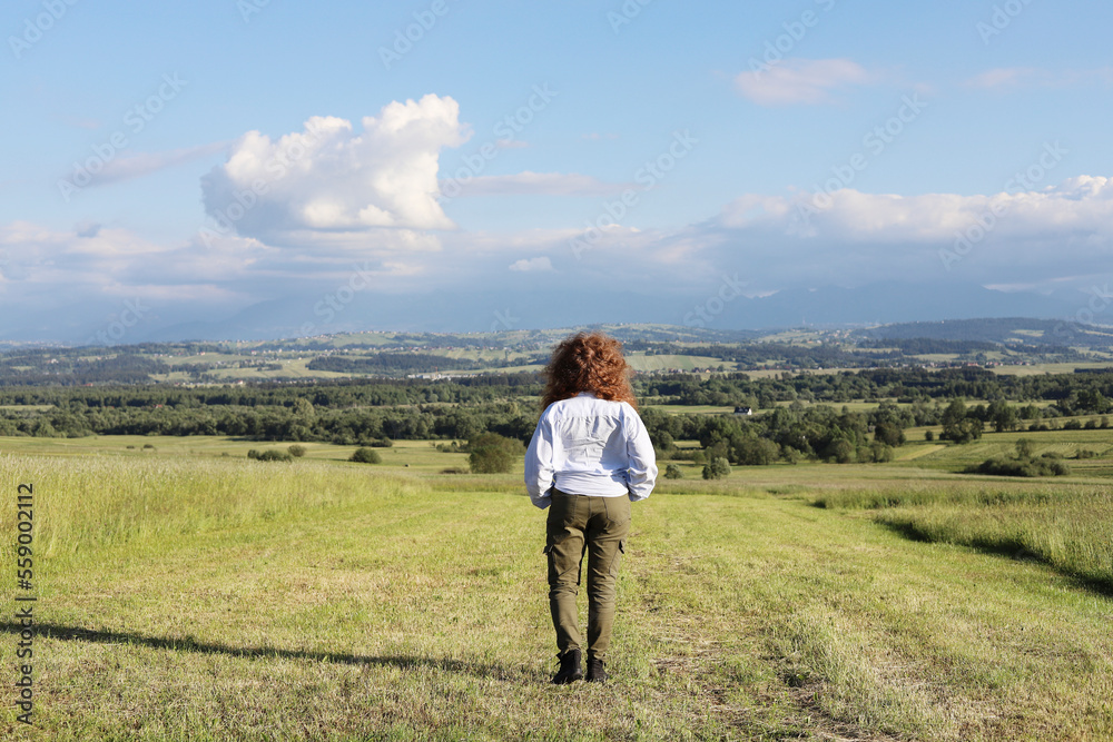 The traveler is walking across the great plain towards the mountains.