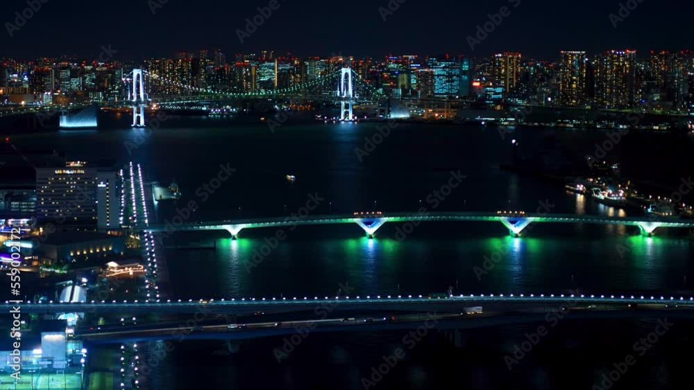 The Rainbow Bridge in Odaiba, Tokyo bay as seen from Toyosu The Rainbow Bridge in Odaiba, Tokyo bay as seen from Toyosu