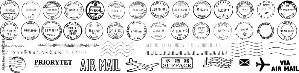 Vector set cancellation postal stamps from different countries, envelope and parcel stamps - obrazy, fototapety, plakaty 
