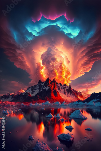 volcano erupting on a glacier
