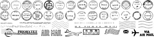 Vector set cancellation postal stamps from different countries, envelope and parcel stamps