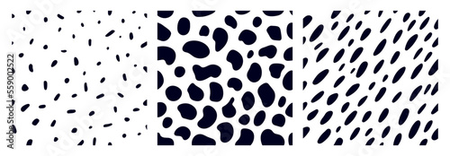 Set of animal pattern for textile design. Seamless pattern of dalmatian or cow spots. Natural textures.