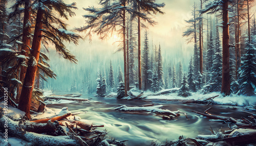 Majestic winter landscape painting featuring felled trees  snowy branches  and a peaceful atmosphere. Generative AI