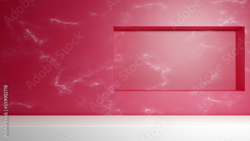 3d render scene with whote table and pink marble wall background. Clean display shelf in a room and countertop for product placement photo