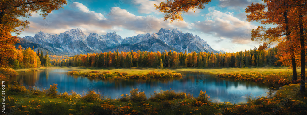 The majestic landscape of a forest with a lake surrounded by mountains is a breathtaking and awe-inspiring sight. Generative AI