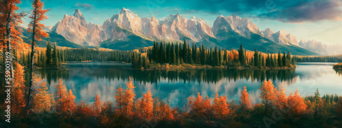 The majestic landscape of a forest with a lake surrounded by mountains is a breathtaking and awe-inspiring sight. Generative AI