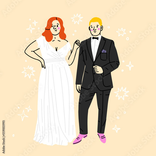 Wedding couple vector illustration of man and woman just married. For greeting card design template. Happy bridegroom and bride in wedding dress.A loving couple is standing