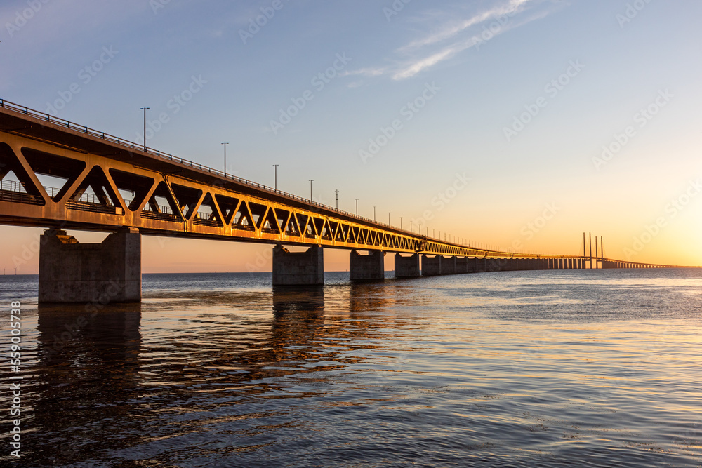 The Oresund Bridge at sunset. A bridge over to Denmark