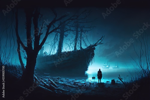 A man looks at a mysterious ghost ship © Анастасия Птицова