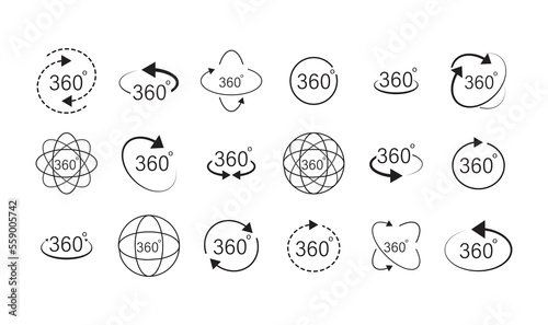 360 degrees view vector icons set. Signs with arrows to indicate the rotation or panoramas to 360 degrees. Virtual reality icons. Rotate symbol isolated in white background. Vector illustration.