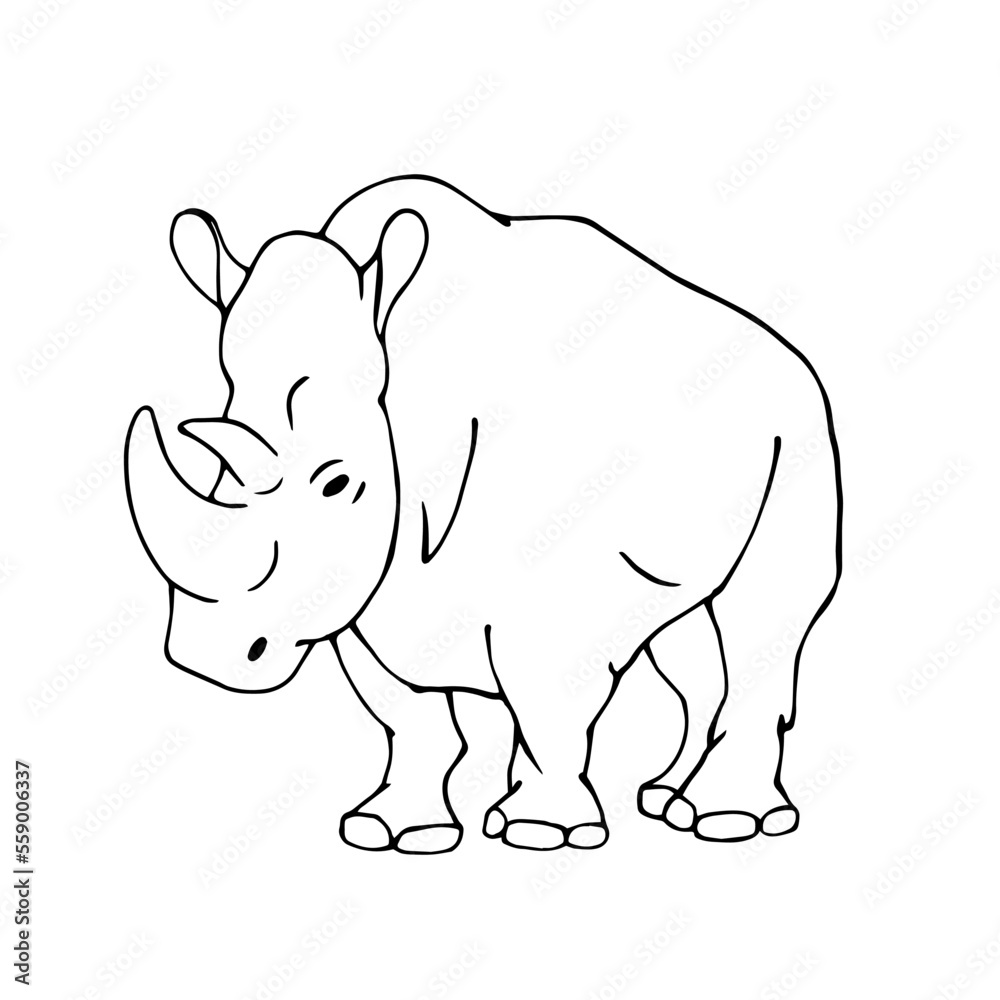 Linear sketch of a wild animal of the African savannah rhinoceros.Vector graphics.