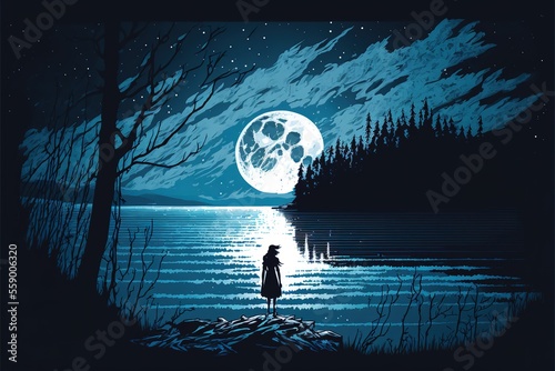 The girl is standing by the lake under the moon