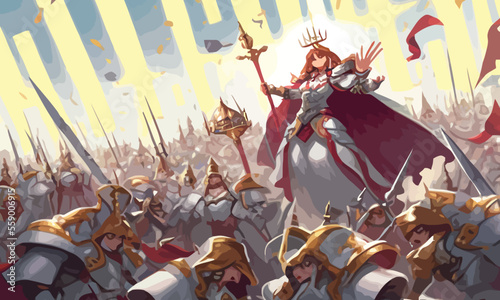 A jubilant army of knights in plate armor with swords and shields responds to the cry of their holy leader, she is a woman with a huge sword and a long cloak hovering in ozduh like an angel. 2d art photo