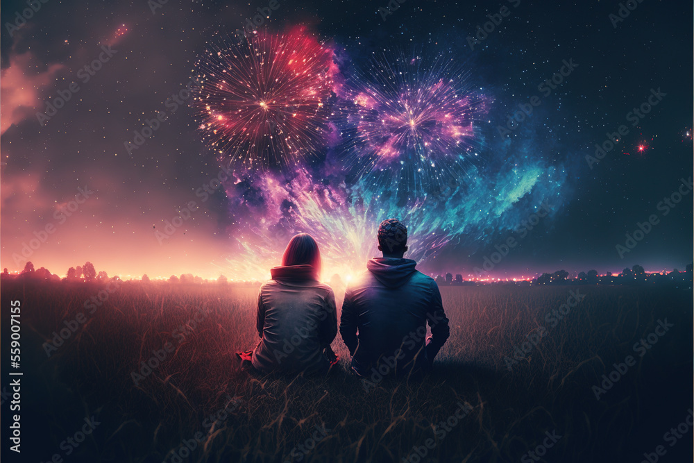 Man and woman watching a beautiful impressive firework. Valentines love concept. Abstract background. Copy space. Family bond love. Generative ai