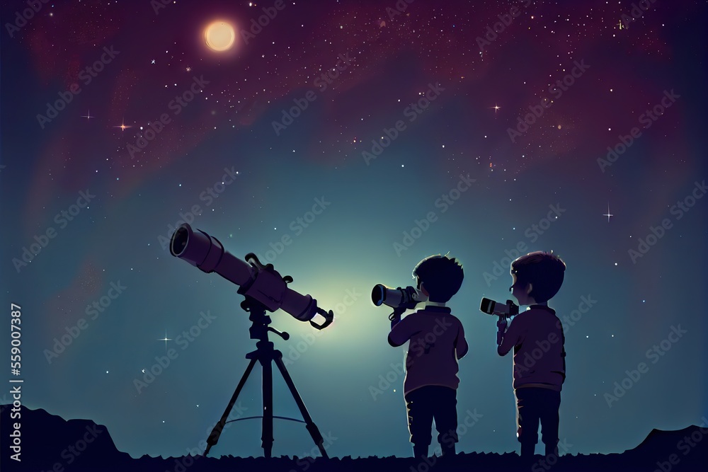 The boys look through the telescope at the stars