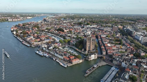 Dordrecht, the fifth municipality of the Dutch province of South Holland. The Netherlands. River Oude Maas, part of the Drechtsteden. Aerial drone overhead. photo