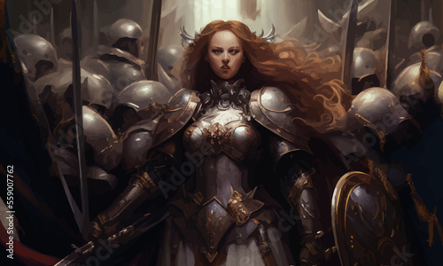 A jubilant army of knights in plate armor with swords and shields responds to the cry of their holy leader, she is a woman with a huge sword and a long cloak hovering in ozduh like an angel. 2d art