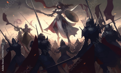 A jubilant army of knights in plate armor with swords and shields responds to the cry of their holy leader, she is a woman with a huge sword and a long cloak hovering in ozduh like an angel. 2d art