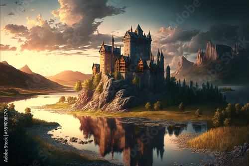 Castle by river at sunset, nice landscape in summer, generative AI Fototapeta