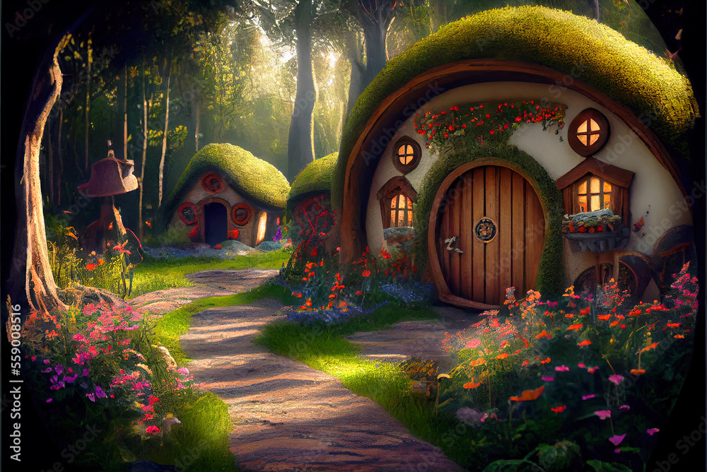 Obraz premium Wood houses in fantasy forest, fairy tale village in summer