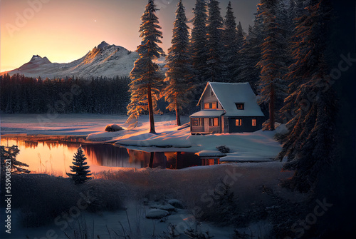 Obraz na płótnie Winter landscape with house and mountain at sunset, generative AI