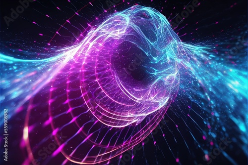 Sound wave lines trails flowing dynamic in blue and purple colors. Abstract futuristic background, science, digital and communication concept. Event flayer. Generative ai illustration