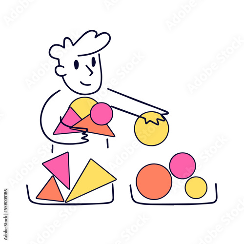 Man with geometric shapes lays out and sorts