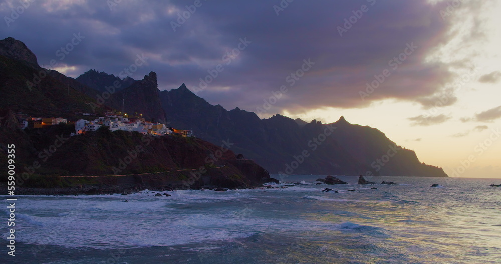 Ocean seascape in twilight, after sunset Atlantic Ocean, north Tenerife, Almaciga village.