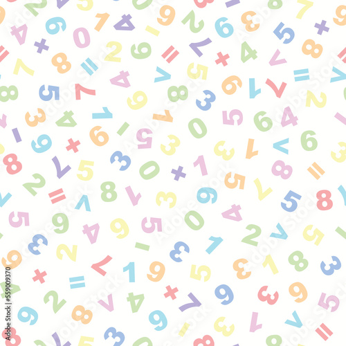 Math themed seamless vector pattern, pastel numbers and arithmetic symbols on white background
