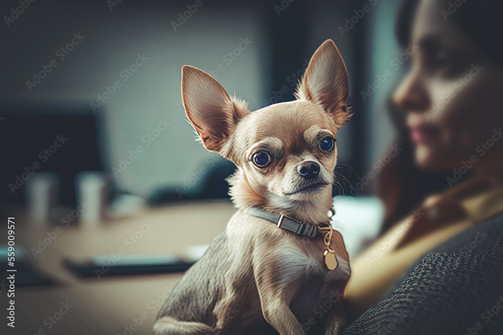 A cute little chihuahua dog at a desk with it´s owner in a business office. Dogs at work. Content is created with generative ai