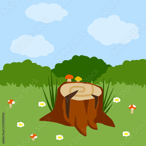 Stump in forest meadow. Green field with grass. Background for child drawing. Summer nature. Funny scene or area