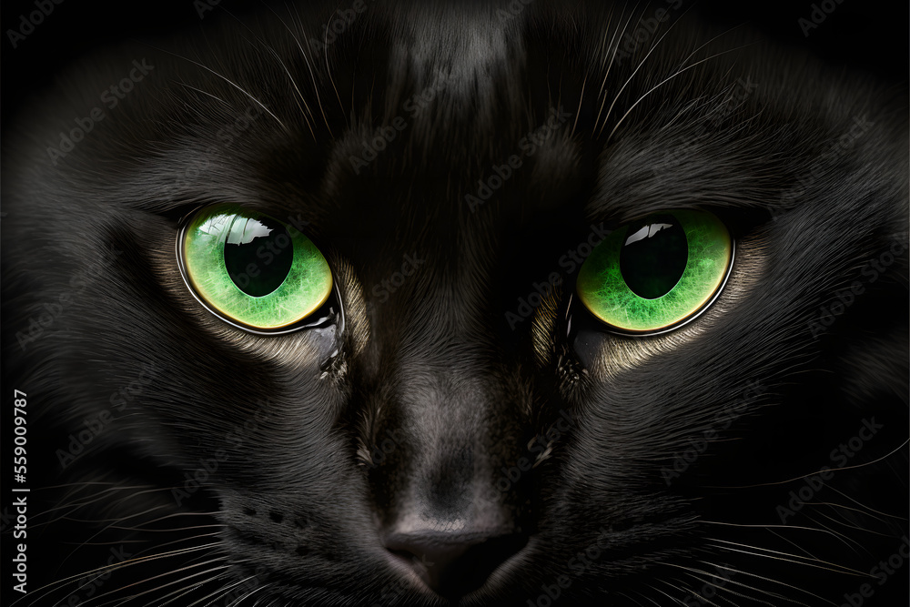 close up shot of a black cat with green evil cat eyes, generative ai