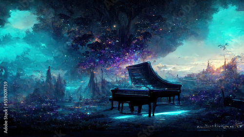Old piano with epic magic nature landscape, tons of details, purple and blue aura in the sky. Generative AI