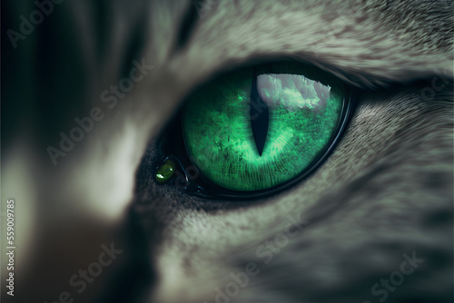 close up shot of a green evil cat eyes, generative ai