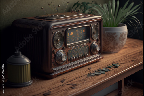 Vintage radio on wooden table.World radio day.Created with generative ai