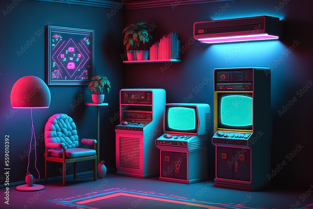 Awesome gaming setup from the 80-s. Retro gaming concept. Vintage