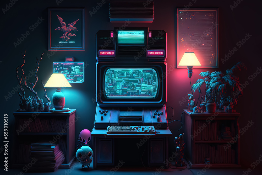 Awesome gaming setup from the  s. Retro gaming concept. Vintage