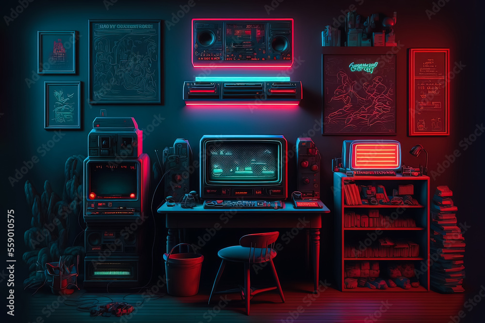 Awesome gaming setup from the 80-s. Retro gaming concept. Vintage